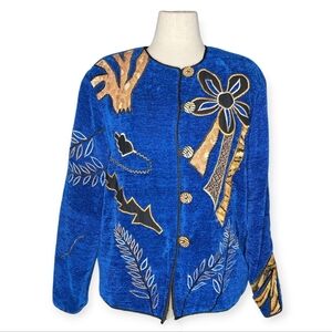 Vintage Alex Kim Allure Blue Embroidered Rayon Jacket Floral Size L